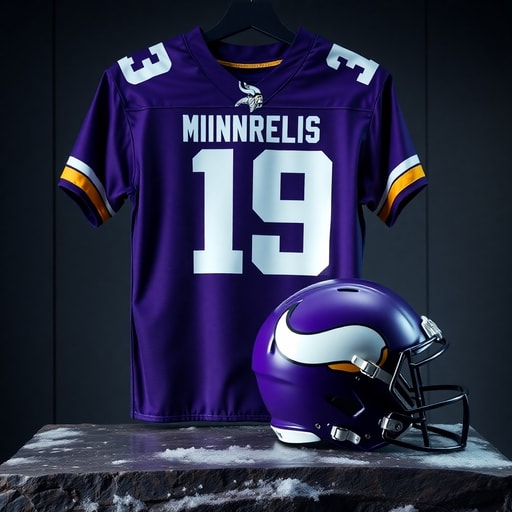 A classic purple and gold Minnesota Vikings football jersey and a purple helmet featuring the iconic Viking horns.
