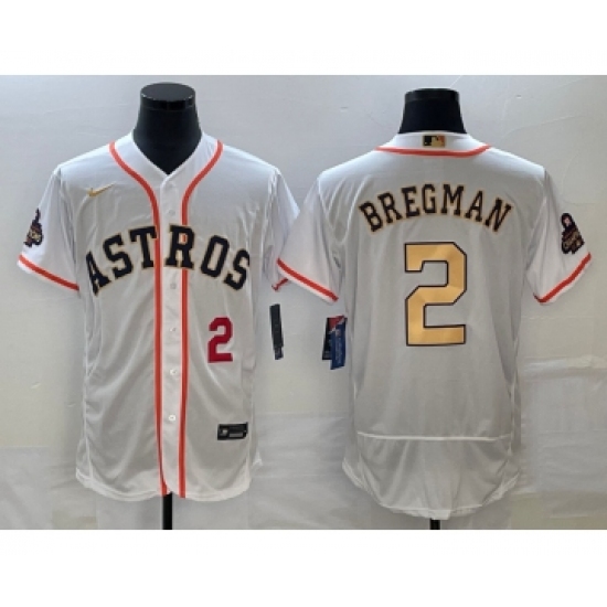 Men's Houston Astros #2 Alex Bregman Number 2023 White Gold World Serise Champions Flex Base Stitched Jersey1 - Ujersey