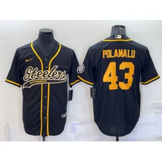 Men's Pittsburgh Steelers #43 Troy Polamalu Black Gold With Patch Cool Base Stitched Baseball Jersey - Ujersey