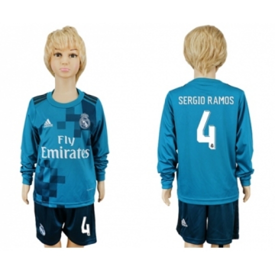 Real Madrid #4 Sergio Ramos Sec Away Long Sleeves Kid Soccer Club Jersey