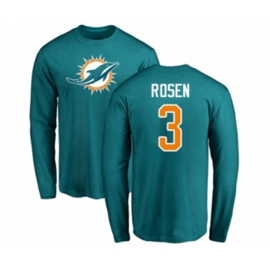 Football Miami Dolphins #3 Josh Rosen Aqua Green Name & Number Logo Long Sleeve T-Shirt - Ujersey
