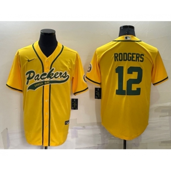 Men's Green Bay Packers #12 Aaron Rodgers Yellow Stitched MLB Cool Base Nike Baseball Jersey - Ujersey
