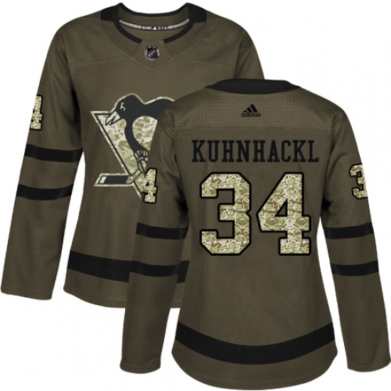 Women's Adidas Pittsburgh Penguins #34 Tom Kuhnhackl Authentic Green Salute to Service NHL Jersey - Ujersey