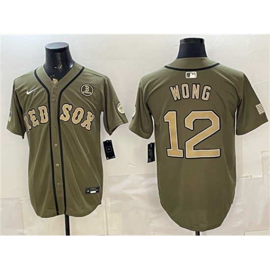 Men's Boston Red Sox #12 Connor Wong Olive Armed Forces Day Cool Base Stitched Baseball Jersey - Ujersey