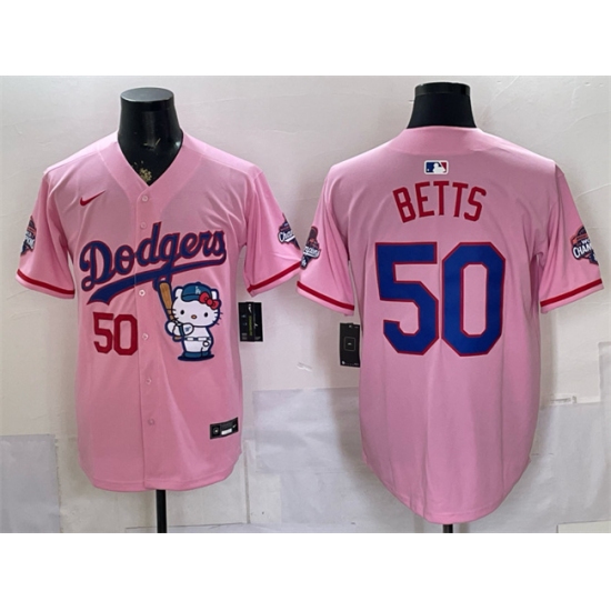 Men's Los Angeles Dodgers #50 Mookie Betts Pink Hello Kitty Night 2025 World Series Champions Stitched Baseball Jersey - Ujersey