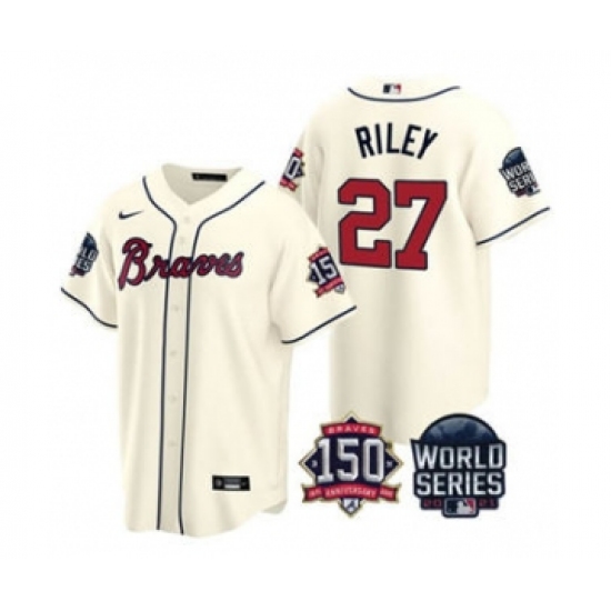 Men's Atlanta Braves #27 Austin Riley 2021 Cream World Series With 150th Anniversary Patch Cool Base Baseball Jersey - Ujersey