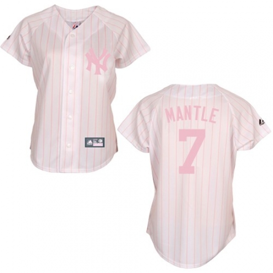 Women's Majestic New York Yankees #7 Mickey Mantle Authentic White/Pink Strip MLB Jersey - Ujersey