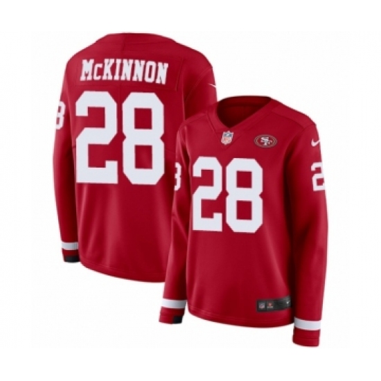 Women's Nike San Francisco 49ers #28 Jerick McKinnon Limited Red Therma Long Sleeve NFL Jersey - Ujersey