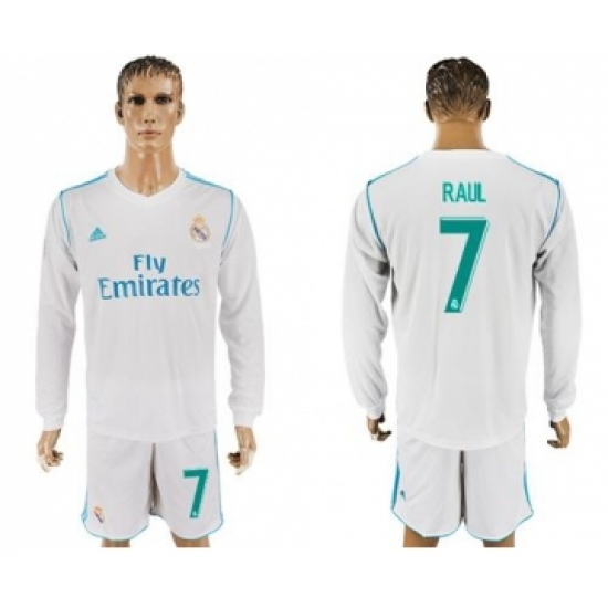 Real Madrid #7 Raul White Home Long Sleeves Soccer Club Jersey