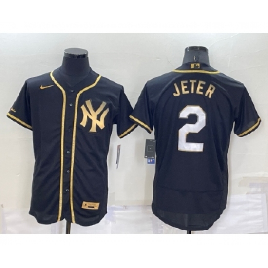 Men's New York Yankees #2 Derek Jeter Black Gold Flex Base Stitched Baseball Jersey - Ujersey