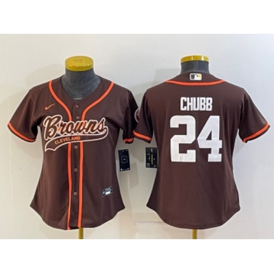 Women's Cleveland Browns #24 Nick Chubb Brown With Patch Cool Base Stitched Baseball Jersey - Ujersey
