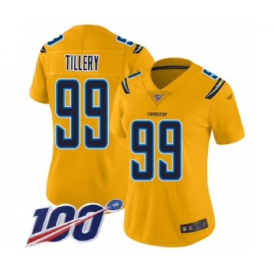 Women's Los Angeles Chargers #99 Jerry Tillery Limited Gold Inverted Legend 100th Season Football Jersey - Ujersey