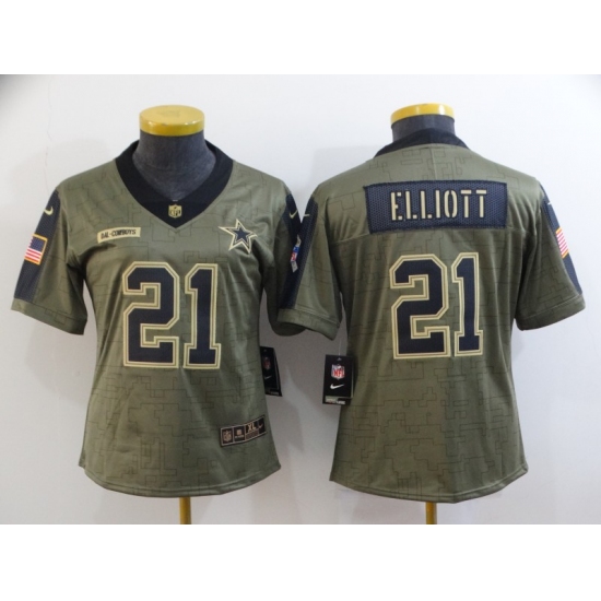 Women's Dallas Cowboys #21 Ezekiel Elliott Gold 2021 Salute To Service Limited Player Jersey - Ujersey