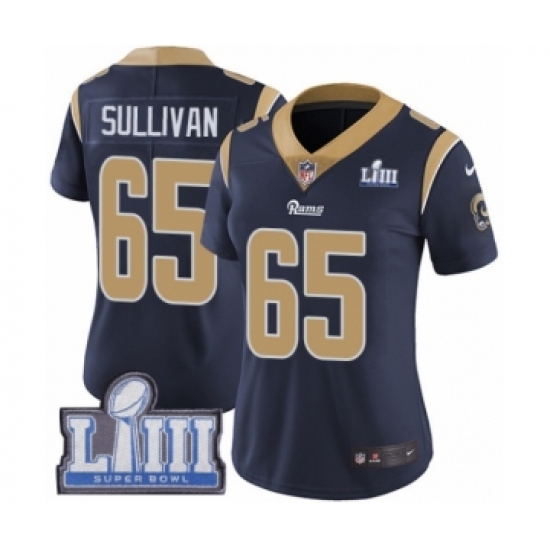 Women's Nike Los Angeles Rams #65 John Sullivan Navy Blue Team Color Vapor Untouchable Limited Player Super Bowl LIII Bound NFL Jersey - Ujersey