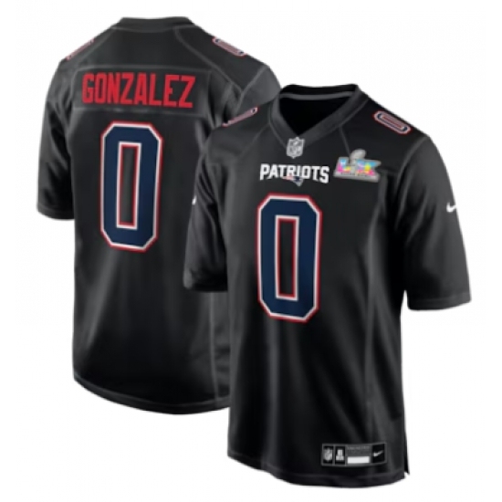 Men's New England Patriots #0 Christian Gonzalez Black Super Bowl LX Carbon Fashion Jersey - ujerseystore