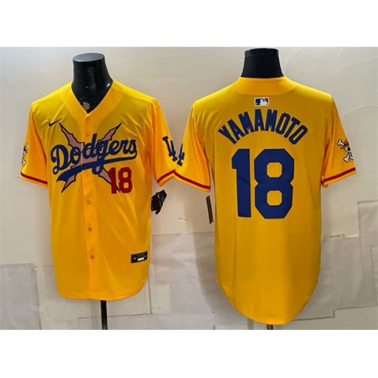 Men's Los Angeles Dodgers x One Piece #18 Yoshinobu Yamamoto Yellow Vapor Premier Limited Stitched Baseball Jersey - Ujersey