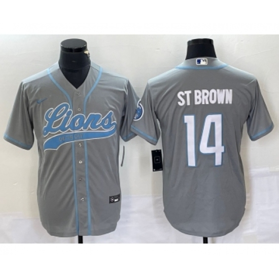 Men's Nike Detroit Lions #14 Amon Ra St Brown Grey Cool Base Stitched Baseball Jersey - Ujersey