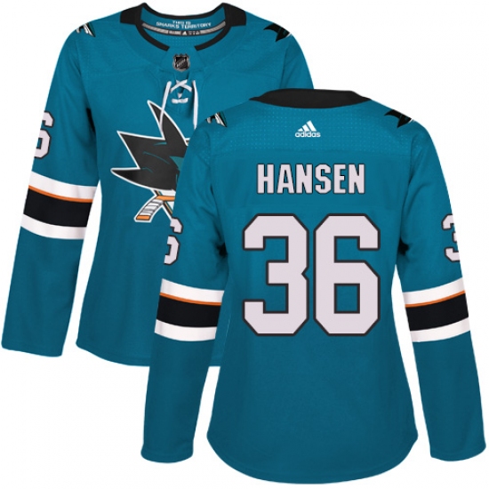 Women's Adidas San Jose Sharks #36 Jannik Hansen Authentic Teal Green Home NHL Jersey - Ujersey