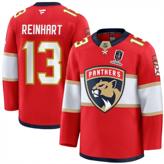 Men's Florida Panthers #13 Sam Reinhart Red Home 2025 Stanley Cup Champions Stitched Hockey Jersey - Ujersey
