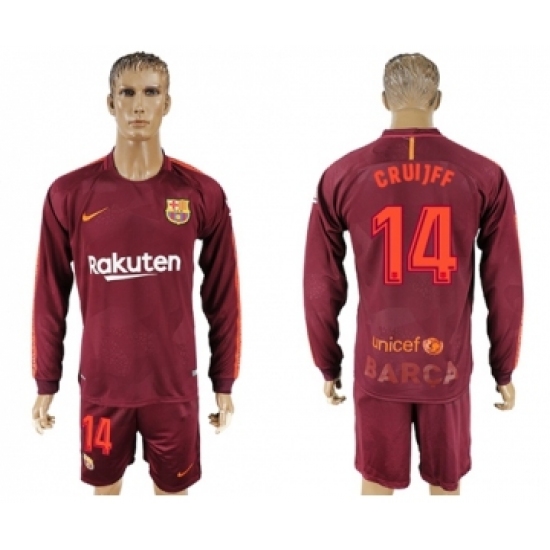 Barcelona #14 Cruijff Sec Away Long Sleeves Soccer Club Jersey