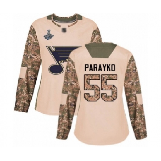 Women's St. Louis Blues #55 Colton Parayko Authentic Camo Veterans Day Practice 2019 Stanley Cup Champions Hockey Jersey - Ujersey