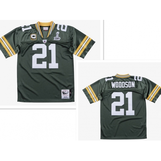 Men's Green Bay Packers #21 Charles Woodson Green With 2-star captains' and Super Bowl XLV 2010 Throwback Jersey - Ujersey
