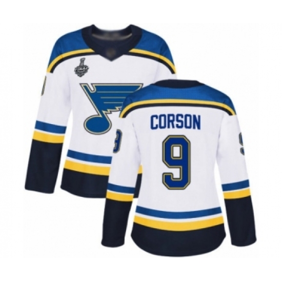 Women's St. Louis Blues #9 Shayne Corson Authentic White Away 2019 Stanley Cup Final Bound Hockey Jersey - Ujersey