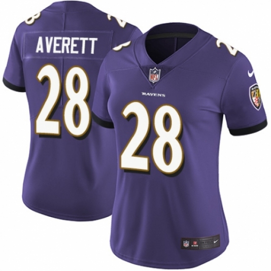 Women's Nike Baltimore Ravens #28 Anthony Averett Purple Team Color Vapor Untouchable Elite Player NFL Jersey - Ujersey