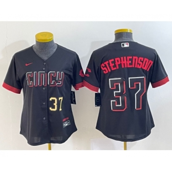 Women's Cincinnati Reds #37 Tyler Stephenson Number Black 2023 City Connect Cool Base Stitched Jersey1 - Ujersey