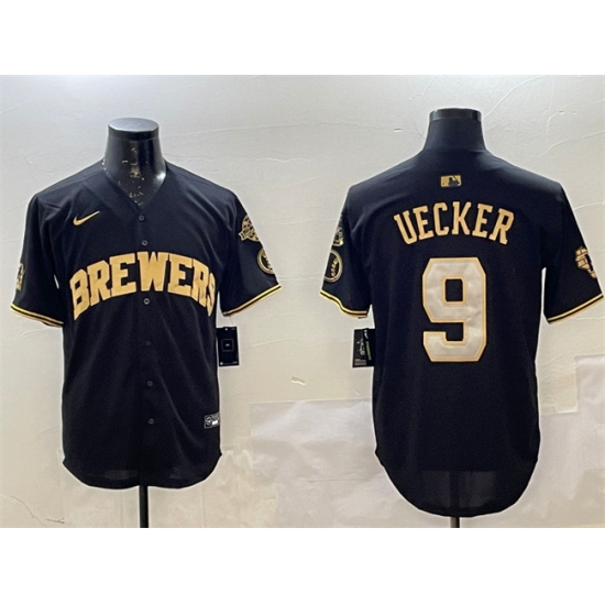 Men's Milwaukee Brewers #9 Bob Uecker Black Gold With Home Limited Stitched Baseball Jersey - Ujersey