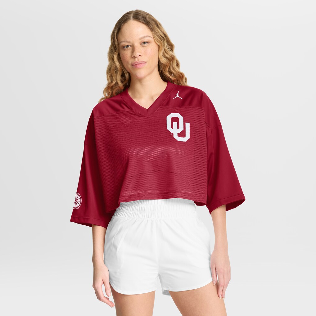 Women's Jordan Brand Crimson Oklahoma Sooners Cropped Mesh Dri-FIT Fashion Jersey - ujerseystore