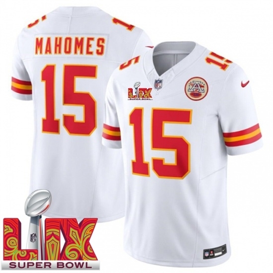 Men's Kansas City Chiefs Patrick Mahomes #15 White 2024 2025 Super Bowl LIX F U S E Stitched Jersey - Ujersey