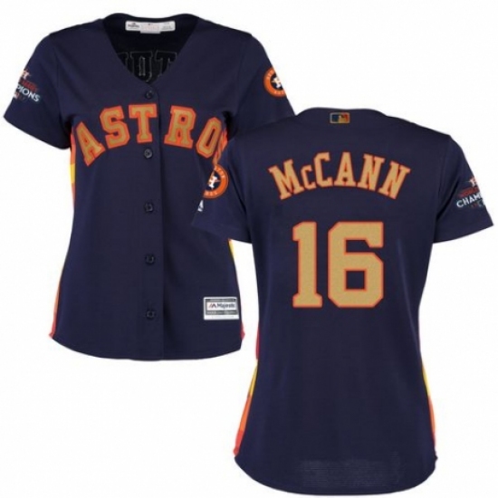 Women's Majestic Houston Astros #16 Brian McCann Authentic Navy Blue Alternate 2018 Gold Program Cool Base MLB Jersey - Ujersey