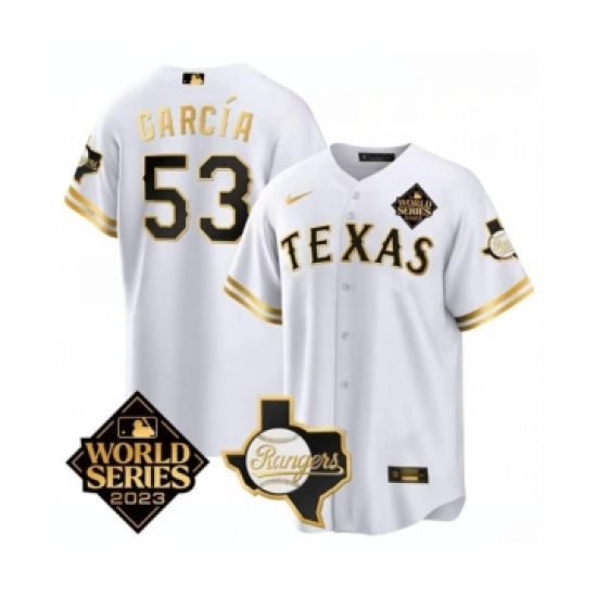 Men's Texas Rangers & Cowboys #53 Adolis García White 2023 World Series Splite Stitched Baseball Jersey - Ujersey