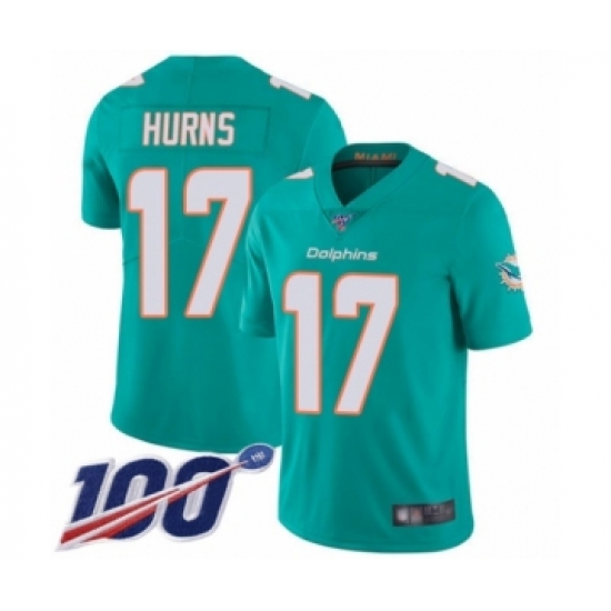 Men's Miami Dolphins #17 Allen Hurns Aqua Green Team Color Vapor Untouchable Limited Player 100th Season Football Jersey - Ujersey
