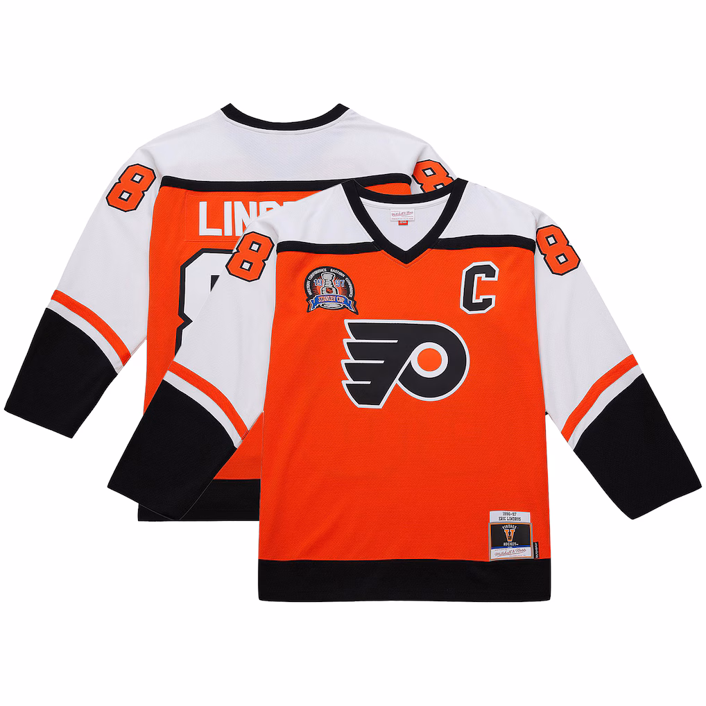 Men's Philadelphia Flyers Eric Lindros Mitchell & Ness Orange Big & Tall 1996-97 Blue Line 2.0 Jersey - ujerseystore
