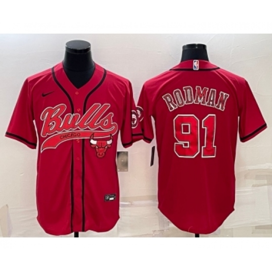 Men's Chicago Bulls #91 Dennis Rodman Red With Patch Cool Base Stitched Baseball Jersey - Ujersey