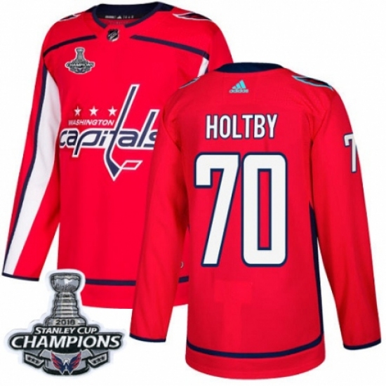 Men's Adidas Washington Capitals #70 Braden Holtby Authentic Red Home 2018 Stanley Cup Final Champions NHL Jersey - Ujersey