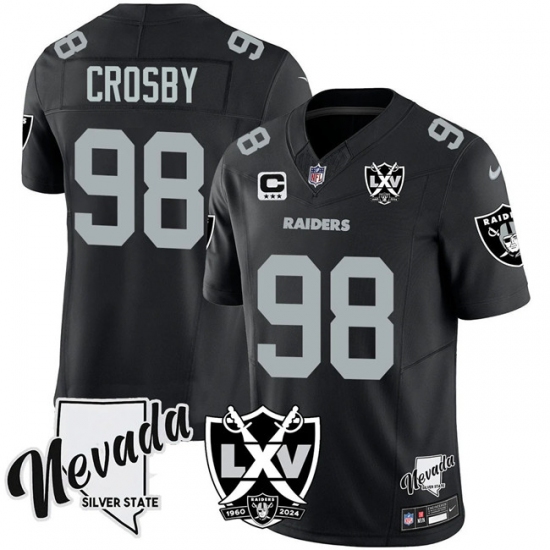 Men's Las Vegas Raiders #98 Maxx Crosby Black 2024 F.U.S.E With Nevada Silver Stat And 65th Anniversary 3-Star C Stitched Football Jersey - Ujersey