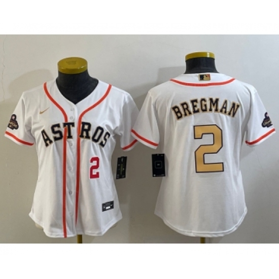Women's Houston Astros #2 Alex Bregman Number 2023 White Gold World Serise Champions Cool Base Stitched Jersey1 - Ujersey