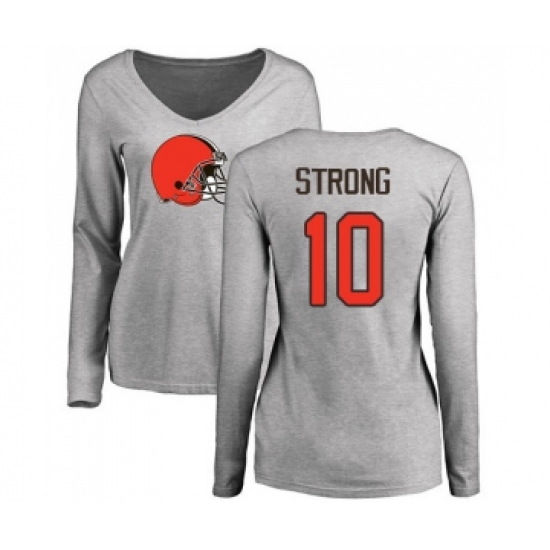 Football Women's Cleveland Browns #10 Jaelen Strong Ash Name & Number Logo Long Sleeve T-Shirt - Ujersey