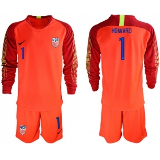 USA #1 Howard Red Goalkeeper Long Sleeves Soccer Country Jersey