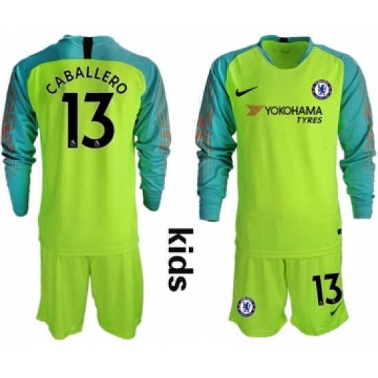 Chelsea #13 Caballero Shiny Green Goalkeeper Long Sleeves Kid Soccer Club Jersey