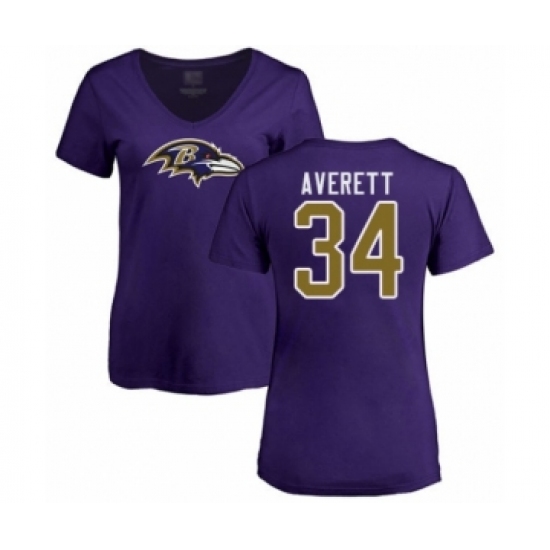 Football Women's Baltimore Ravens #34 Anthony Averett Purple Name & Number Logo T-Shirt - Ujersey