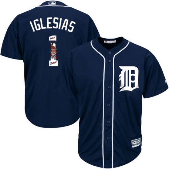 Men's Majestic Detroit Tigers #1 Jose Iglesias Authentic Navy Blue Team Logo Fashion Cool Base MLB Jersey - Ujersey