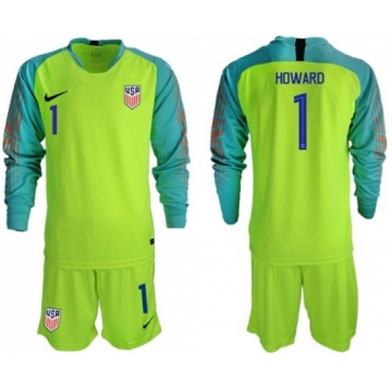 USA #1 Howard Shiny Green Goalkeeper Long Sleeves Soccer Country Jersey