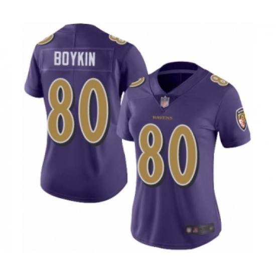 Women's Baltimore Ravens #80 Miles Boykin Limited Purple Rush Vapor Untouchable Football Jersey - Ujersey