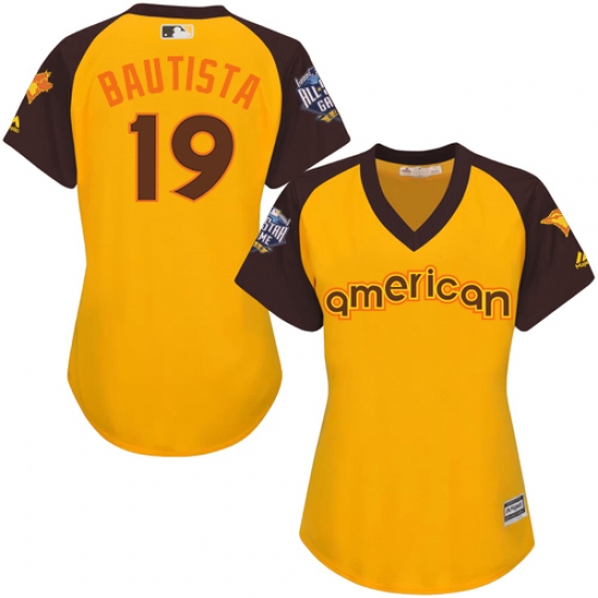 Women's Majestic Toronto Blue Jays #19 Jose Bautista Authentic Yellow 2016 All-Star American League BP Cool Base MLB Jersey - Ujersey