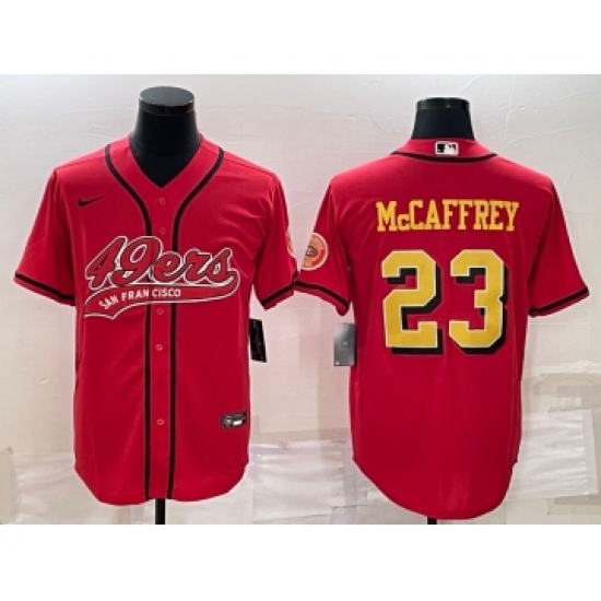 Men's San Francisco 49ers #23 Christian McCaffrey Red Gold With Patch Cool Base Stitched Baseball Jersey - Ujersey