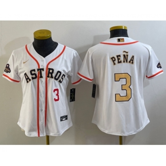 Women's Houston Astros #3 Jeremy Pena Number 2023 White Gold World Serise Champions Cool Base Stitched Jerseys - Ujersey